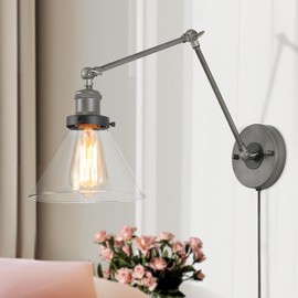 LALUZ Black Glass Wall Sconces Lighting, Modern Industrial Swing Arm Plug in or Hardwired Adjustable Wall Lamp with Brushed Silver Finish for Bedroom, Kitchen, and Living Room