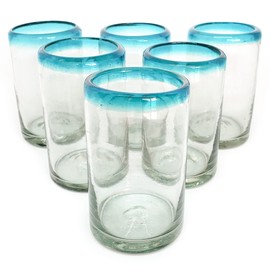 MexHandcraft Aqua Blue Rim 9 oz Juice Glasses, set of 6, Mexican Handmade Glassware, Recycled Glass, Lead & Toxin Free (Juice)