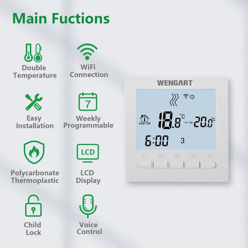 Wengart WiFi Thermostat WG02B04,Weekly Programming AC230V 3A Large Screen Display