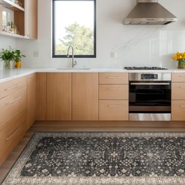 Hazo Haus Black Boho Washable 3x6 Large Kitchen Runner Rug, Indoor Entryway Home Office Floor Rug, Non-Slip Stain & Fade Resistant, Vintage Floral Decor