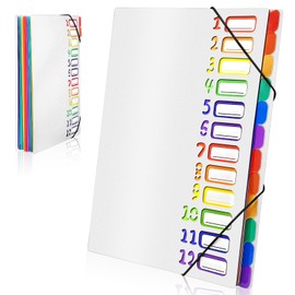 Gemtte Expanding File A4, Folder System with 12 Compartments, 24 Pockets, Document Folder, Colourful Waterproof Organiser for School, Office Supplies (White)