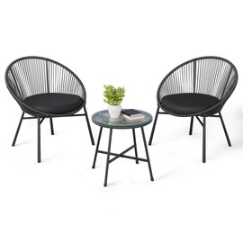3 Pieces Outdoor Acapulco Chair Patio Bistro Set, All-Weather Acapulco Chairs with Glass Top Table, Modern Patio Conversation Chairs Set of 2 for Balcony, Pool, Garden, Backyard, Black