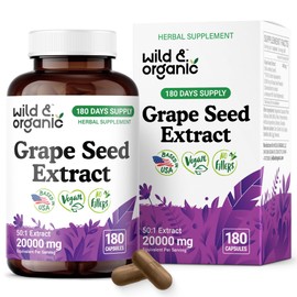 Wild & Organic Grape Seed Extract Capsules - 20,000 mg Strength Grapeseed Extract Equivalent - 95% Polyphenols - 400 mg per Serving - 180 Vegan Capsules - 6 Month Supply - Non-GMO