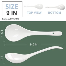 Buyajuju Porcelain Mini Ladles, 9 Inch Large Soup Spoons, 6 Pieces Premium White Ladles for Stews, Chinese Noodles, Long Big Japanese Spoons