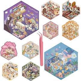 10 Sets 3D House Stickers DIY 3D Miniature Scene Stickers Therapy for Adult Make Your Own Mini Room Cartoon Sticker Scenes for Kids Relief Stress Pass The Time,Party Favors Birthday Gift