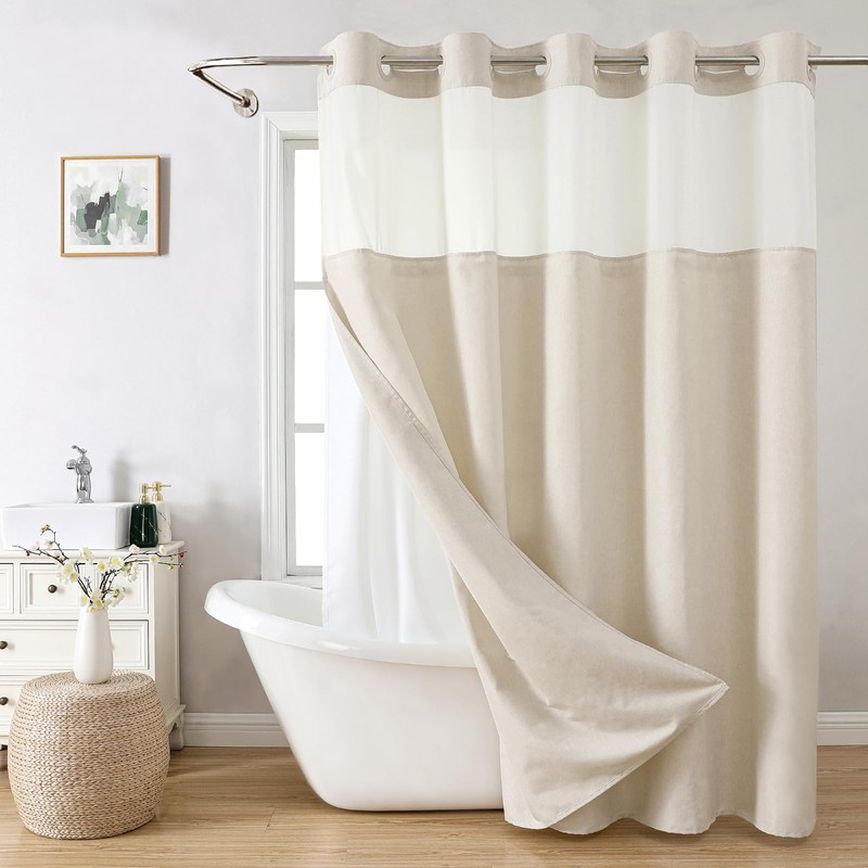 eachope Extra Long No Hooks Needed Linen Textured Shower Curtain