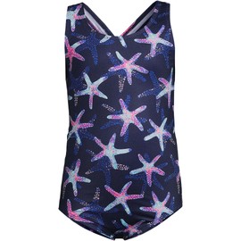 Lands' End Girls Chlorine Resistant One Piece UPF 50 Swimsuit X-Large Deep Sea Navy/Pink Starfish