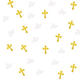 120 God Bless Confetti, Gold Glitter Cross Paper Confetti for First Communion Party, Eucalyptus Leaves Cut Out for Christian Baptism Theme Party Table Decoration