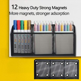 Magnetic Pencil Holder - Extra Strong Magnets Mesh Marker Holder Perfect for Whiteboard, Refrigerator and Locker Accessories (3 Baskets, 1 Pack Black)