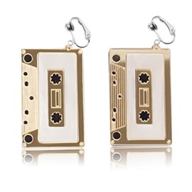 CutieJewelry Womens Cassette 80s Retro Novelty Funny Drop Dangle Earrings Clip Ons (Gold)