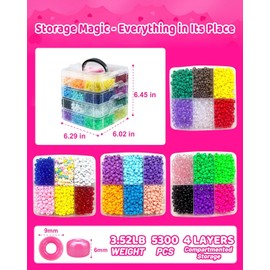 Pony Beads 5300pcs, Rainbow Kandi Beads Bulk for Bracelet Making, Plastic Bead with 4-Layer Stackable Storage Box for DIY Jewelry, Necklace, Key Chains, DIY Crafts, Hair Braiding, 24 Colors