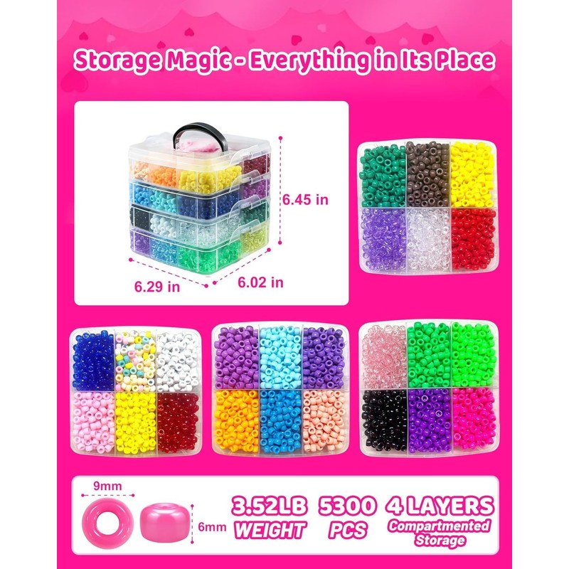 Pony Beads 5300pcs, Rainbow Kandi Beads Bulk for Bracelet Making,