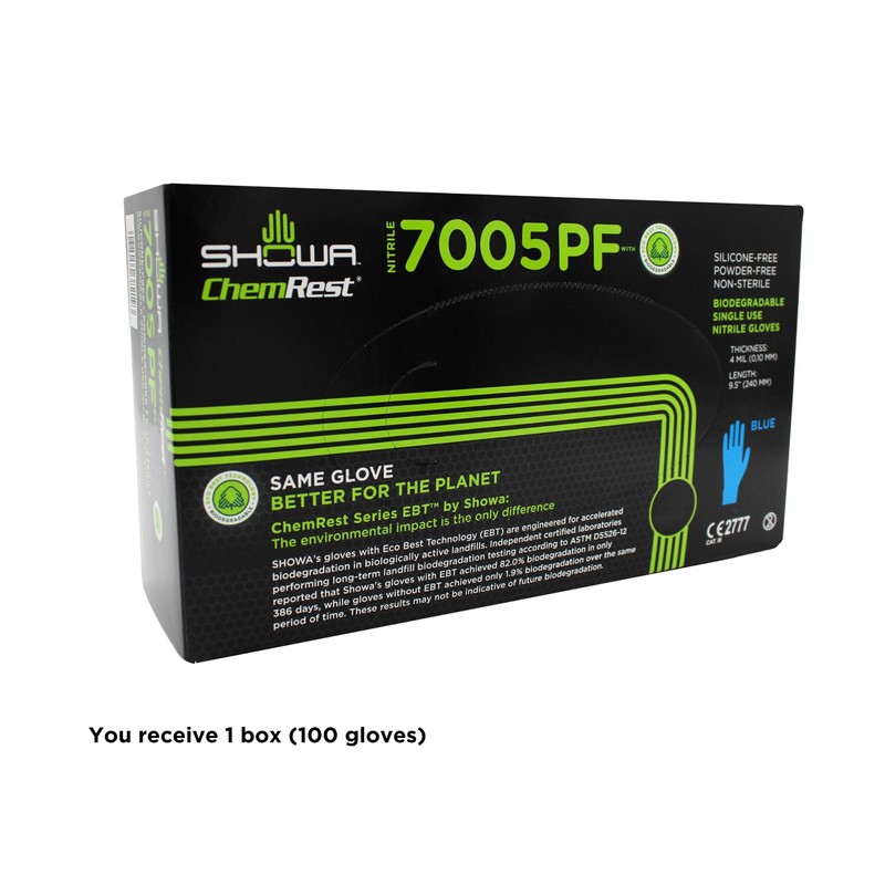 SHOWA 7005PF Powder-Free Biodegradable Nitrile Disposable Glove, Food Safe, 4