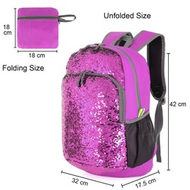 Bekahizar 20L Reversible Pailletten Backpack Bling Meerjungfrau Sequin Rucksack Leicht Faltbare Reise Tagesrucksack Tasche Packbar für Mädchen und Frauen Wandern Camping Radfahren (lila silber)