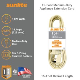 Sunlite 04165-SU EX15/AP Medium Duty 15-Foot Appliance Extension Cord, Three Prong, 14/3 Gauge, 15 Amp, Beige