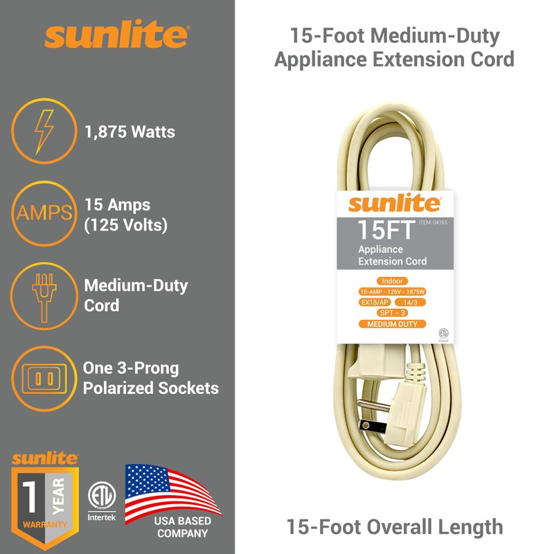 Sunlite 04165-SU EX15/AP Medium Duty 15-Foot Appliance Extension Cord, Three