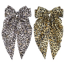 2PCS Large Hair Bows, Leopard Silky Satin Hair Bow Hairs Clips, Aesthetic Large Hairs Clips for Women Girls Ponytail Accessories, Coquette Bows Ribbons Barrettes for Girls Women
