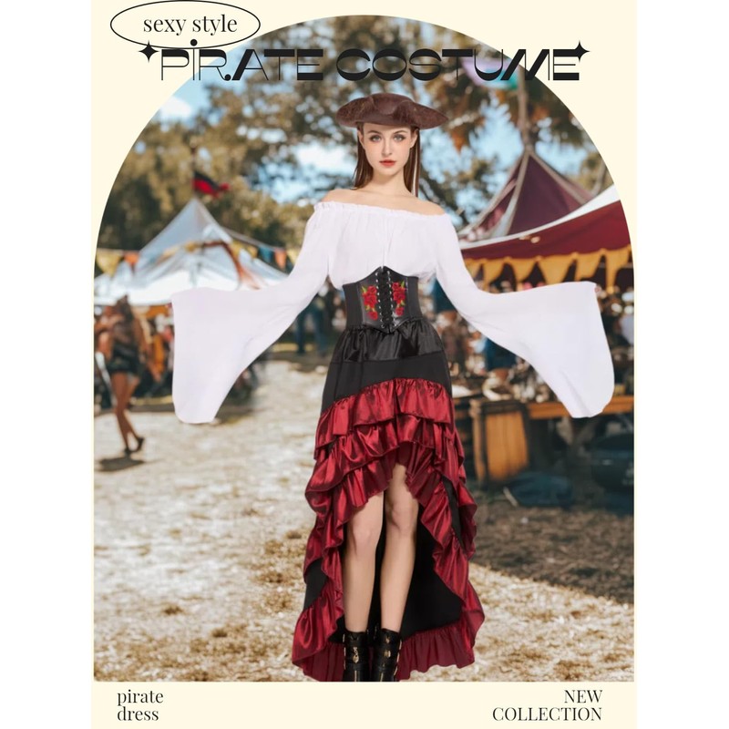 Women's Pirate Costumes Dress Renaissance Top Pirate Skirt with Corset