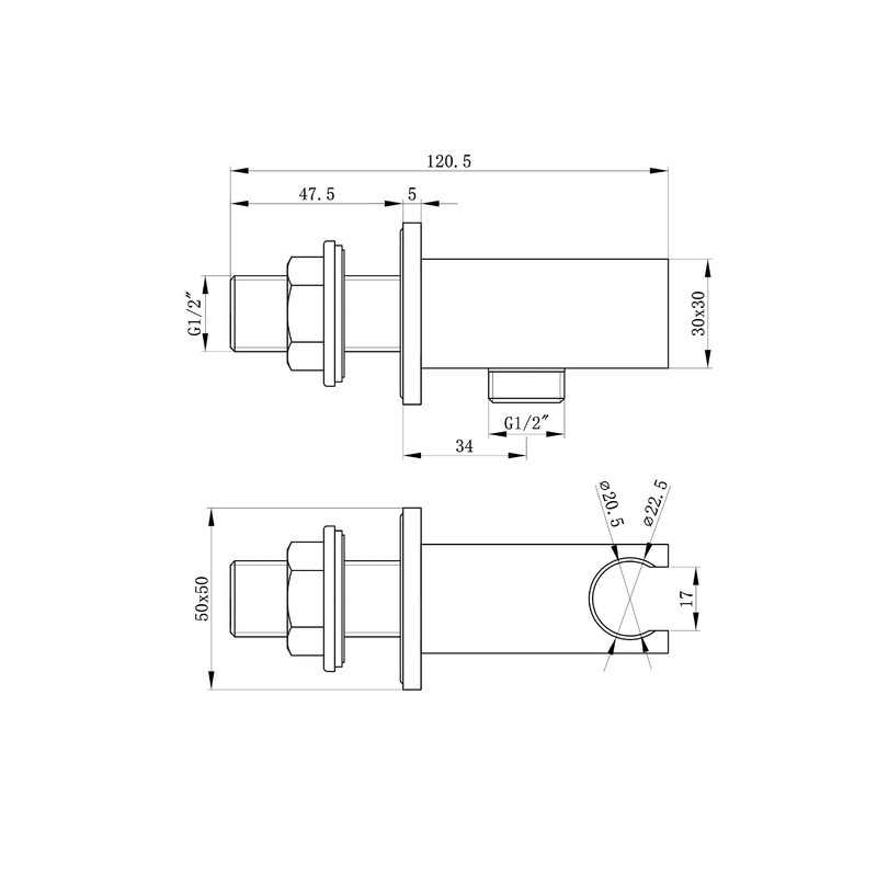 ENKI, O01, Square Shower Outlet Elbow with Holder, Brass Chrome