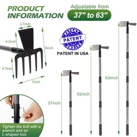 Walensee 2 in 1 Hoe Garden Tool, 63 Inch Garden Hoe Cultivator and 5-Tines Rake with 37-63 Inch Adjustable Long Handle, Weeding Tools Hand Tiller for Yard Lawn Flower Beds Planting Gardening Digging