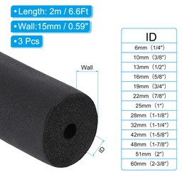 PATIKIL 1/4" (6mm) ID x 6.6Ft x 0.59" Pipe Insulation Foam Tube, 3pcs Pipe Cover Wrap Roll Bar Tubing for Handle Grip HVAC Air Conditioner Units, Black