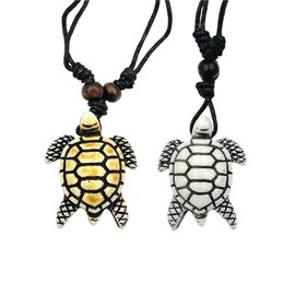 Vintage Tortoise Pendant Necklace 2pcs Set - Antique Faux Bone Carved Sea Turtle Jewelry, Hawaiian Protection Amulet Necklace Vintage Adjustable Rope Chain, Brown & White Turtle Pendant Jewelry for Women Men - C#