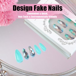 Almond False Nails Press on Nails Medium Rhombus Fake Nails Artificial Acrylic Nails Solid Color Stick on Nails Light Green Nails Full Cover Glossy Reusable Coffin Nails Glue on Nails for Women