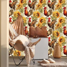 MuralPeel Watercolor Farm Rooster Chicken Sunflower Peel and Stick Wallpaper Self Adhesive Removable Easy Peel Off Stick on Wall Paper for Bedroom Cabinet Renter