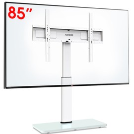 AOKCOS Universal TV Stand Table Top TV Mount Stand for 43 to 75 80 85 inch TVs, Tilting, 50 Degree Swivel, 8 Level Height Adjustable, Heavy Duty Tempered Glass Base, Holds up 132lbs, White