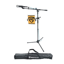 Rockville RVMIC5 V2 Pro Audio Tripod Microphone Stand, Telescopic Boom, Tablet/Phone Holder, Adjustable, Steel, Perfect for Studio & Live Performances