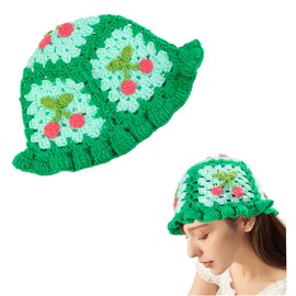 OSOPLAY Knitted Bucket Hat for Women Handmand Floral Beanies Cap (Cherry Green)
