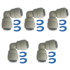 1/4" OD Union Elbow, DUAL O-RING, 5-Pack, Quick Connect, Push Fit Water Tube Fitting for RO Reverse Osmosis, Water Filter, Plumbing Connections - With Locking Clips