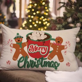 HERHOME Merry Christmas Pillow Cover 12x20 Inch Gingerbread Man Hot Cococa Christmas Decorations Outdoor Bakery Winter Holiday Xmas Decorative Lumbar Throw Pillow Case for Party Sofa Couch Home Decor