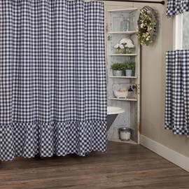 Piper Classics Vintage Check Blue Shower Curtain, 72" x 72", Farmhouse, Country, Cottage, Checked Gingham Bath Accent