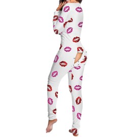 Michellecmm Women Butt Button Back Flap Jumpsuit Pajamas V-Neck Button Down Long Sleeve One Piece Bodysuit Rompers Sleepwear (Bb White Lip, XL)