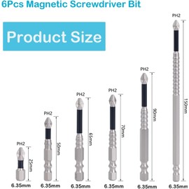 WADY 6Pcs Phillips Magnetic Screwdriver Bit Set, S2 Steel Anti-Slip Long Drill Bits,1/4 Inch Hex Shank PH2 Cross Head Screwdriver Bits for Power Screwdriver Impact Drill