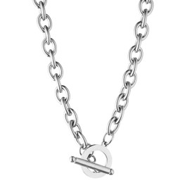 WangGao Stainless Steel Toggle Clasp Chunky 19.6'' Chain Necklace for Women Man,Statement Link T-Bar Clase Necklaces,Silver Color