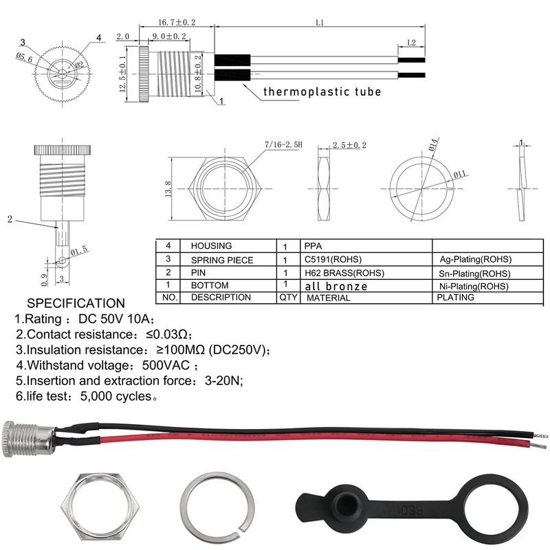 LUORNG 5Sets DC Power Jack Socket Threaded Male Panel Mount
