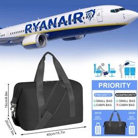 Flintronic for Ryanair Cabin Bags 40x20x25, 20L Underseat Hand Luggage, Foldable Travel Duffel Bag with Removable Wet Pocket and Shoulder Strap, Waterproof Carry on Bag for Travel Women Men - Black