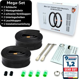 Bicycle Inner Tube 28 Inch Set, Compatible with Continental & Schwalbe, for AV SV DV Valves, Accessories for Trekking & City Bike, Includes Tyre Lever and Light Caps