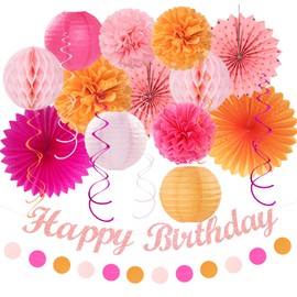 Hot-Pink Orange Fall Birthday Party-Decorations - 21pcs Autumn Women Peach Happy Banner,Girls Groovy Paper Streamers Lanterns Honeycomb,Tissue Flowers Pom Poms Fan, Boho Garland Room Decor