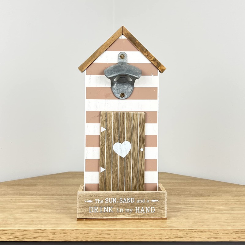 Wall Mounted Bottle Opener with Cap Catcher Vintage Beach Hut