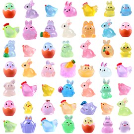 DULEFUN 50pcs Easter Luminous Mini Resin Figures, Little Small Easter Glow in The Dark Bunny Miniature Rabbit Chick Figurines for Dollhouse Micro Garden Landscape Decoration Egg Fillers Party Favors