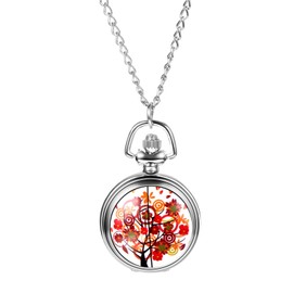 JewelryWe Women Silver Pocket Watch: Stylish Colorful Tree Pattern Quartz Necklace Pendant Watch for Christmas
