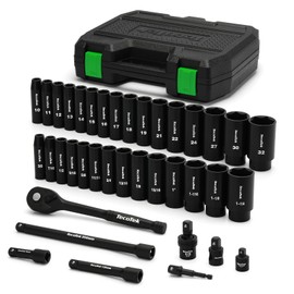 TecoTek 1/2" Drive Deep Impact Socket Set, 38-Piece Socket Set SAE 3/8 to 1-1/4 inch and Metric 10-32mm Size, Includes Extension Bars, Universal Joint, Adapter and Ratchet Handle, 6 Point, Cr-V Steel
