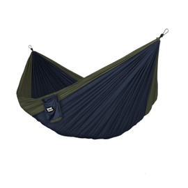 Fox Outfitters Neolite Double Camping Hammock - Lightweight Portable Nylon Parachute Hammock for Backpacking, Travel, Beach, Yard. Hammock Straps & Steel Carabiners Included (Olive Green/Navy)