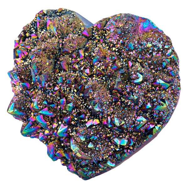 SUNYIK Love Heart Rainbow Titanium Coated Quartz Crystal Cluster, Healing Crystal Drusy Geode Gemstone Specimen Figurine for Valentine's Day, 1.9-2.7''