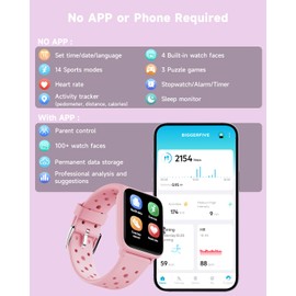 BIGGERFIVE Smart Watch for Kids without APP, Fitness Tracker Watch Pedometer, Heart Rate, 5ATM Waterproof, Sleep Monitor, Calorie Step Counter, Games, Vibrate Alarm Clock for Girls 5-14, Porous Pink