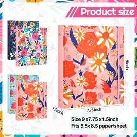 Lewtemi 4 Pack Mini Binders 5.5 x 8.5 Three Ring, 1 Inch Marble Binder, Flower Ocean Decorative Hardcover with Elastic Cord for School, Office Use, Recipe, Photo Album Pages(Flower)