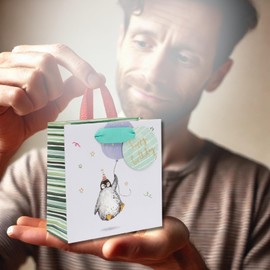 Glick Small Birthday Penguin Gift Bag, Luxury Recyclable Bag for Special Gifts, 14 x 14 x 6 cm, Ideal for those Tiny Precious Gifts, Multi-Coloured